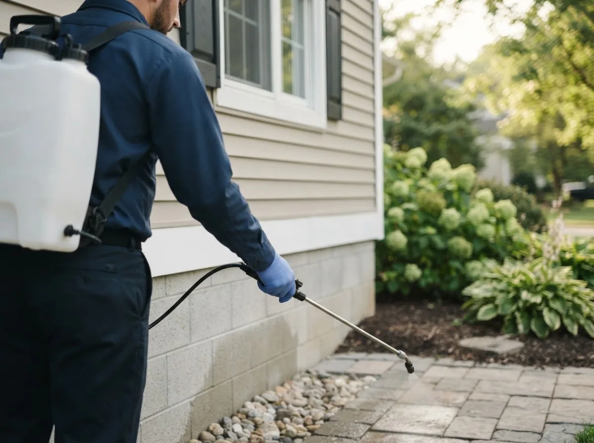Pest control technician inspecting a home in Gouldbusk, TX